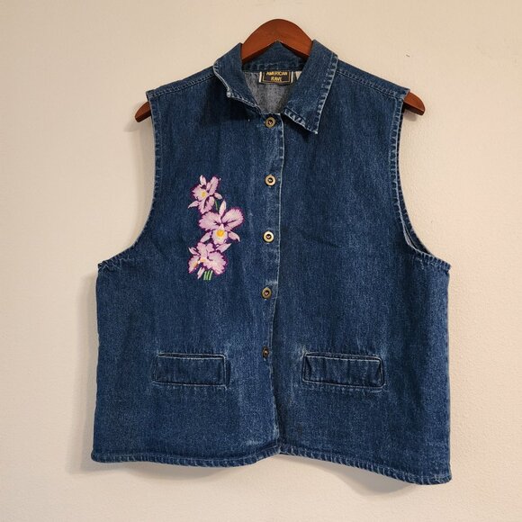 Vtg American Rave Denim Double Side Embroidered Collared Vest Size M, Cotton Y2K - Picture 4 of 14